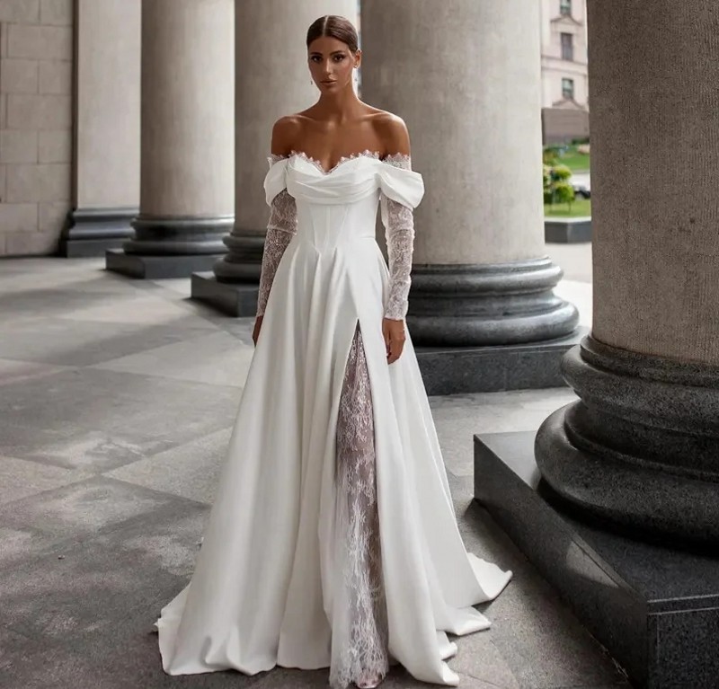 Princess A-Line Wedding Dress 2025 Off The Shoulder Long Sleeves Sweetheart Lace Applique Boho Beach Bridal Gown Vestido De Novia