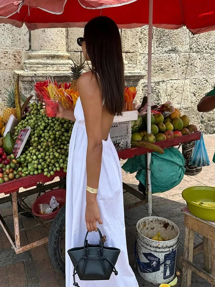 ZBZA Womens Backless Midi Dress Waistband V Neck Solid Pullover High Waisted Loose Fitting Camisole Aline Skirt Chic 250313