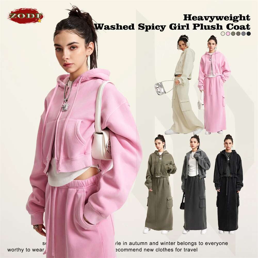 Retro Winter Women Short Zipper Hoodies Female Girls Loose Thick Fleece Hooded Zip-Up Coat Streetwears H