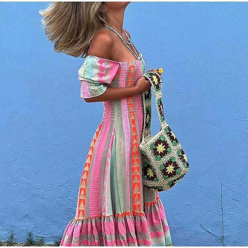 Urban Sexy Dresses Stripe print patch work pleated womens long skirt sexy short style Slve packaging waist Veatidos fashionable womens T-shirt Y240312