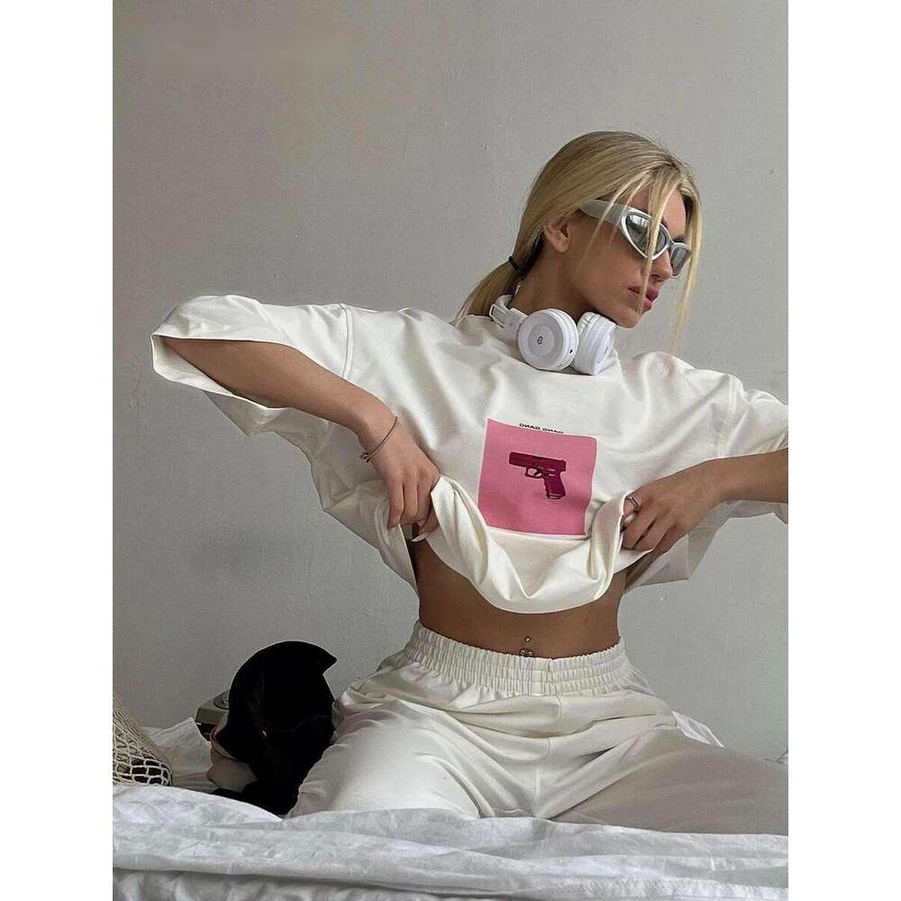 100% Cotton Pink Print T Shirt Women 2024 Summer New Basic Vintage Tee Casual Loose Chic O Neck Female Couple Tops