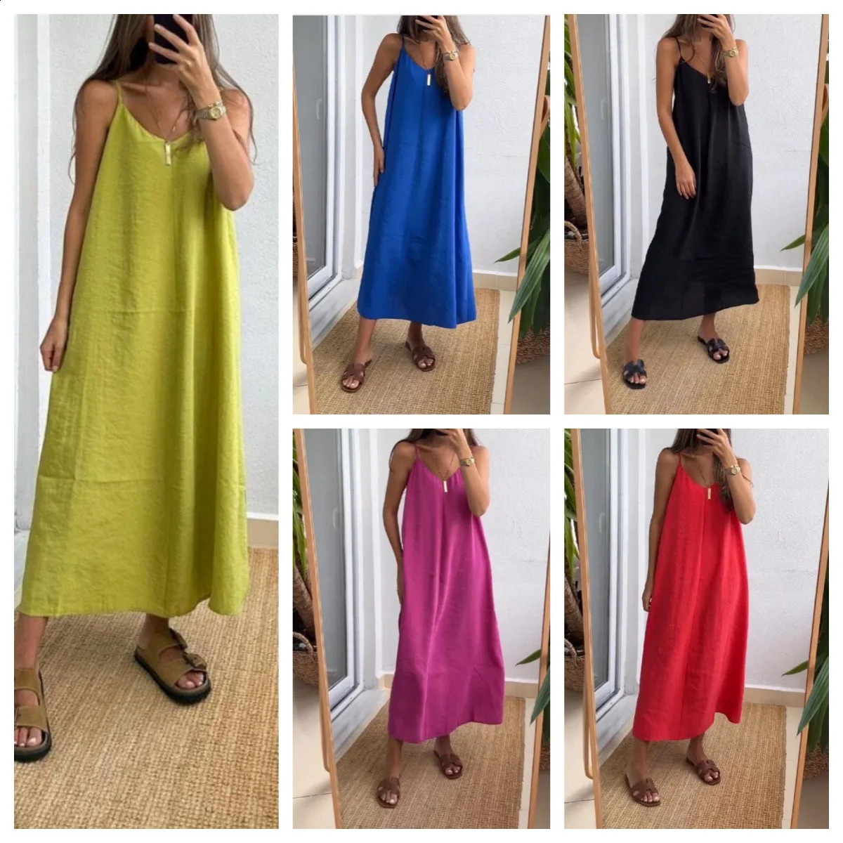 2025 Women Sleeveless Long Dress Loose Slim Camisole Suit V-neck Smooth Color Casual Style Fashionable Summer Novelty 250313