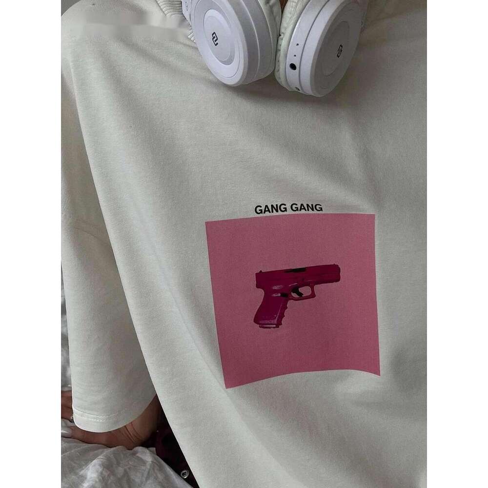 100% Cotton Pink Print T Shirt Women 2024 Summer New Basic Vintage Tee Casual Loose Chic O Neck Female Couple Tops