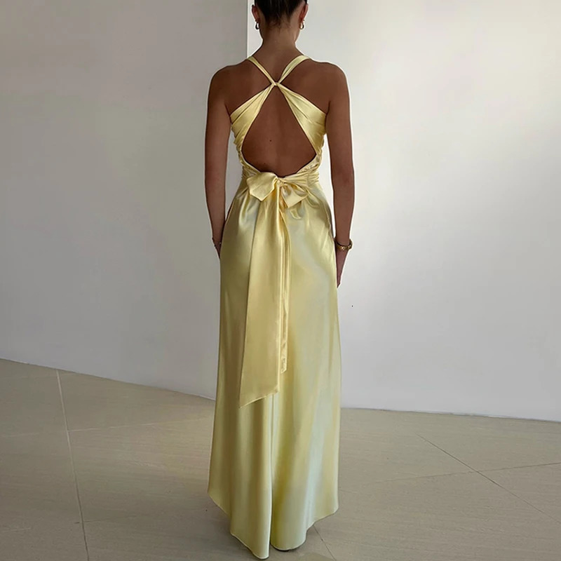 Womens Fashion High Waist Solid Party Dress Sexy Deep Vneck Satin Summer Elegant Backless Bow Lace Long 250313