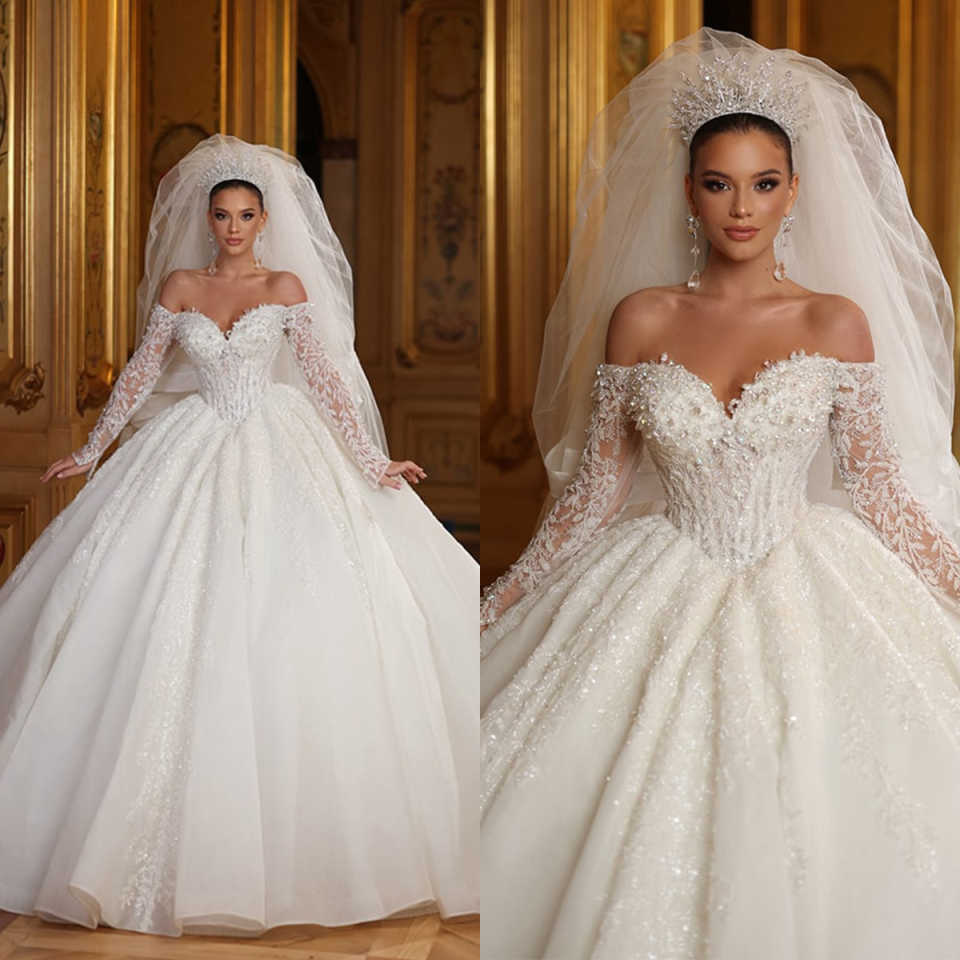Vintage Ball Gown Wedding Dress Sweetheart Neck Off Shoulder Long Sleeves Bridal Gowns Sequins Lace Sweep Train Dresses Custom Made vestidos de novia
