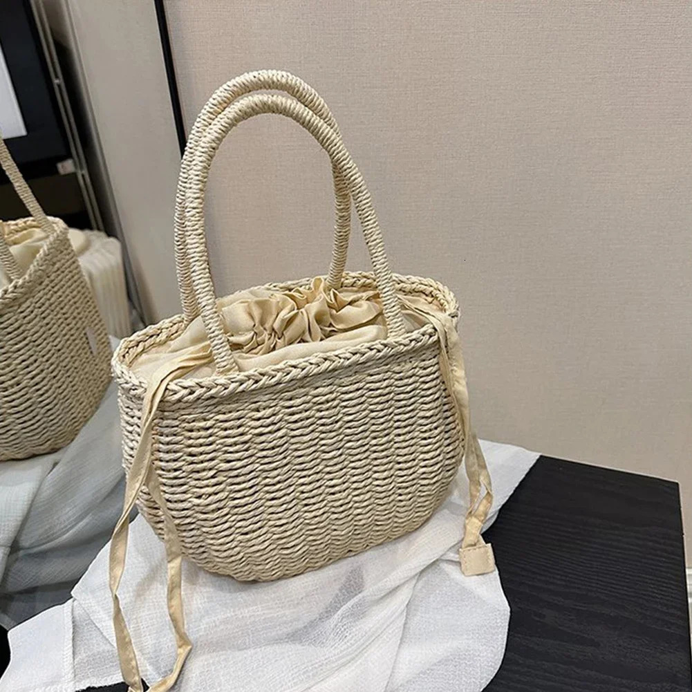 Drawstring Straw Bag for Women Top Handle Bag Summer Beach Woven Boho Bag Rattan Large Capacity Tote Bag Ladies Shopper Clutch R250312