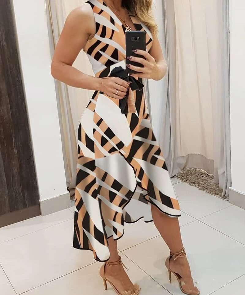 Sleeveless Dress Women's Clothing Summer 2024 New V-Neck Printed Female's Dresses Fashion Versatile Casual Longuette Streetwear