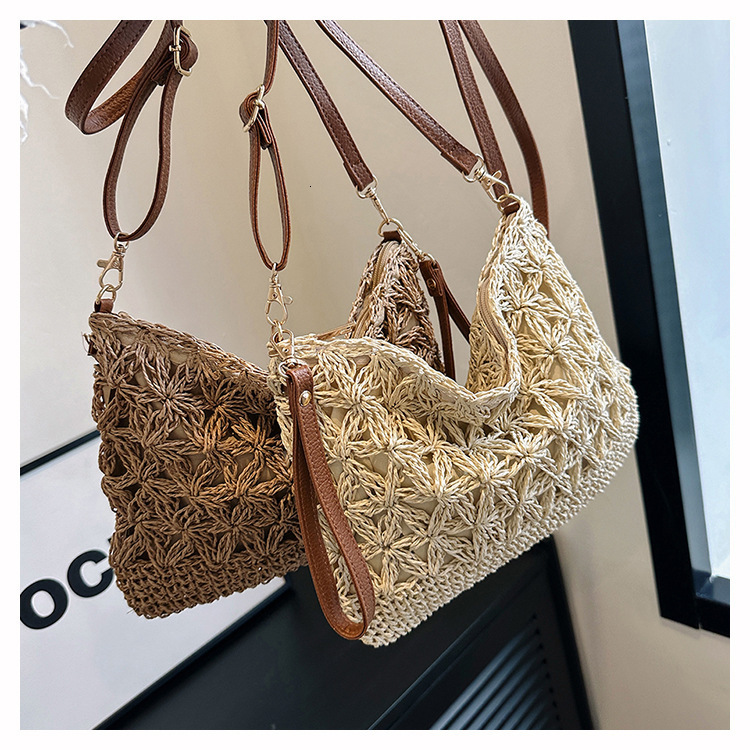 Straw Artistic Hand-Held Shoulder Crossbody Hand Woven Small Square Bag, Women's Travel Hollowed Out Bag