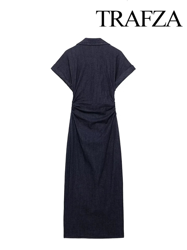 TRAFZA Womens Dress Fashion Solid Short Sleeve SingleBreasted Female Summer Pleated n Denim Turn down Collar Midi 250313
