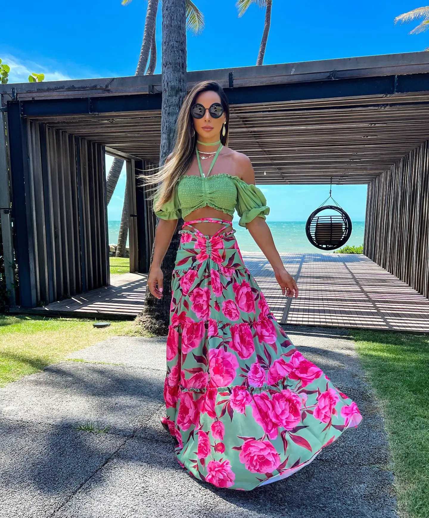 Two Piece Dress Dress For Women 2025 Printed Two-piece Elegant And Pretty Womens Dress Drawstring Halterneck Lacing Summer Long Dr Y250315LWDY