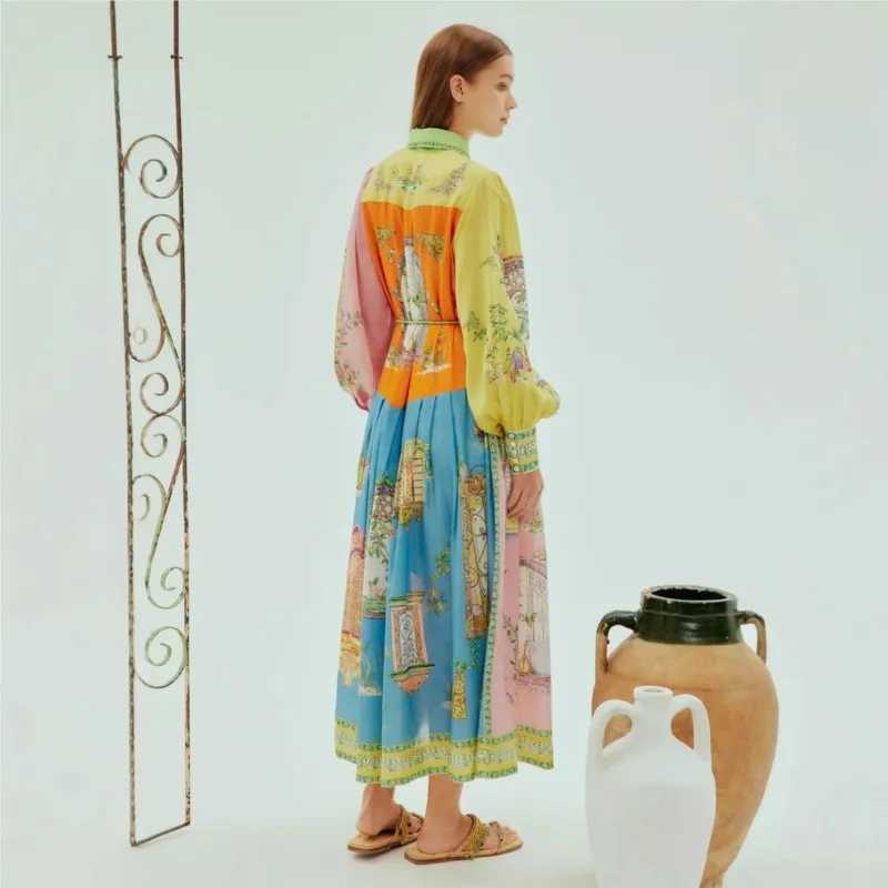 Urban Sexy Dresses 2025 Spring and Summer Printed Flower Collar Long Sleeve Single Chest Strap Womens Bohemian Holiday Party Dress Y240312IO53