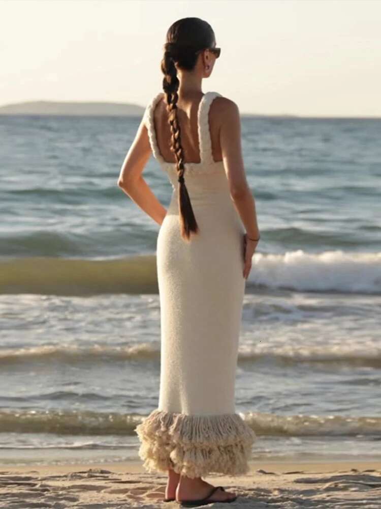 Tassels Hem Twist Strap Knitted Dress Women Sleeveless Backless Slim High Waist Dresses Female Holiday Evening Bodycon Robe
