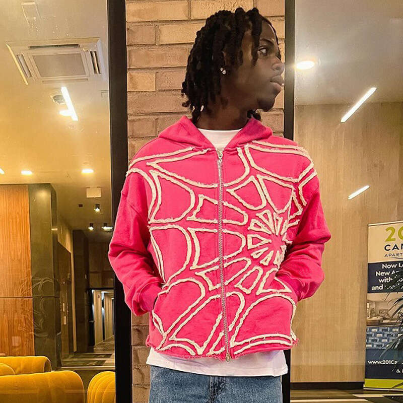 Wind autumn and winter spider print patchwork design loose zipper hooded trendy sports street unisex hoodie