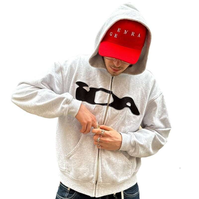 Y2K new style letter sticker street hip-hop cardigan zipper loose autumn and winter hooded sweatshirt