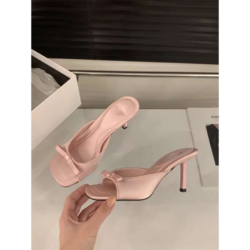 Slippers Summer Fashion Butterfly-knot Satin Women Slipper Slip On Ladies Sandal Thin High Heel Outdoor Dress Slides Shoes