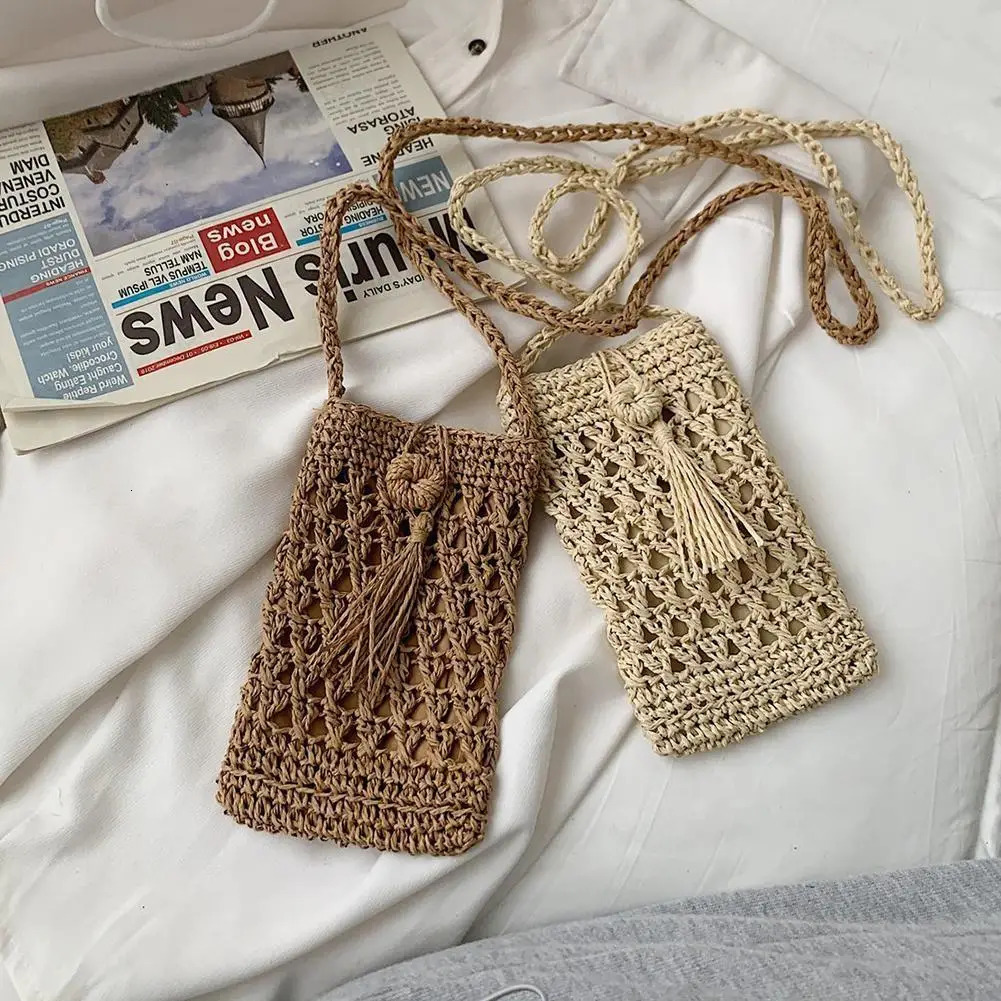Female Vintage Crossbody Phone Bag Straw Rope Hand-woven Vacation Mini Purse Women Casual Mobile Phone Pouch Streetwear R250312