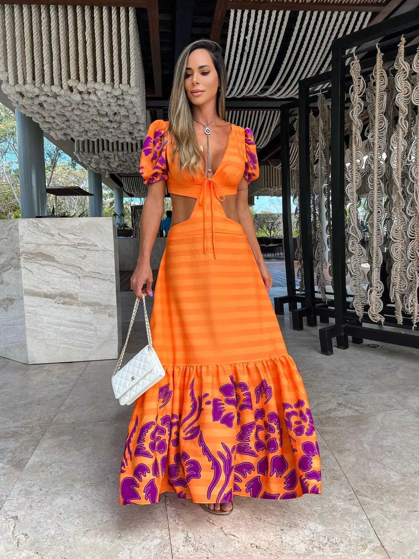 Urban Sexy Dresses V Neck Print Long Dr Women Cut Out Elegant Short Slve Halter Maxi Dr Summer Bodycon Evening Party Clothing Y2403121P52