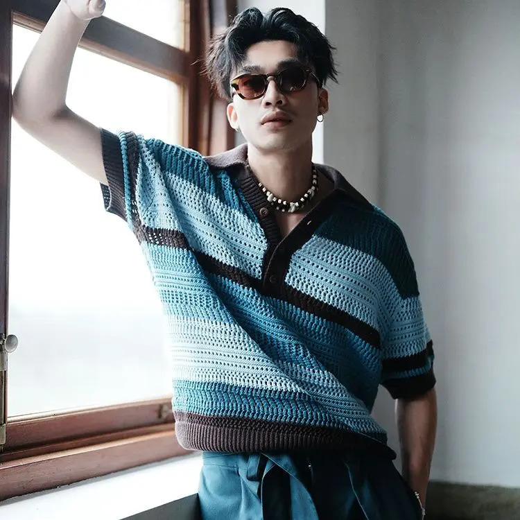 Retro POLO shirt color matching jacquard short sleeved knitted with hollowed out loose Tshirt top for men and women y2k 250313