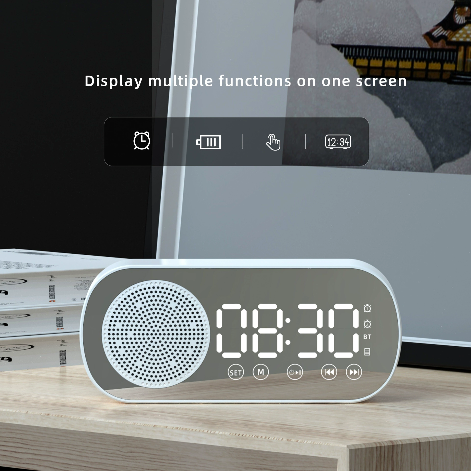 Smart Bluetooth Speaker Clock with Mirror Display, Dual Alarms & HIFI Bass | Portable Compact Desk Gadget for Home/Travel, FM/TF Card Music Gift Idea