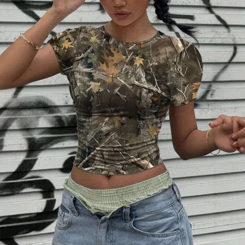 2024 New Style Women's Camouflage Tree Branch Pattern Vintage Minimalist Casual Round Neck Short Sleeve T-Shirt Polyester Fabric