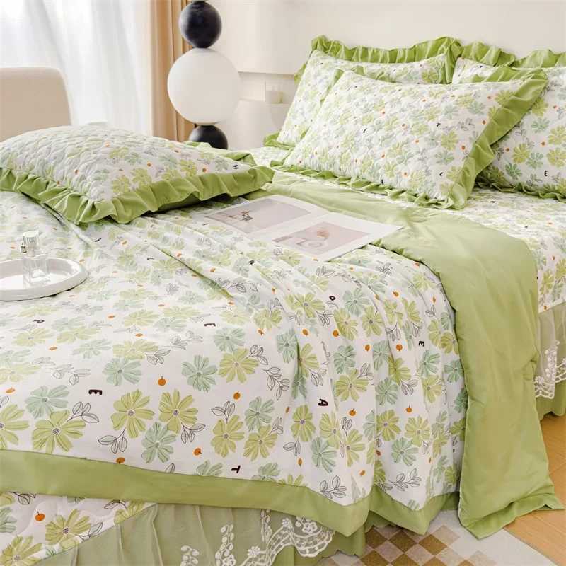 Summer air conditioning blanket four piece set washed cotton edged feather silk printed summer cooling blanket Y250313