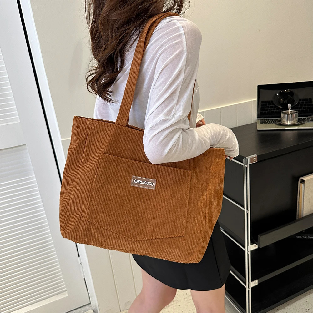 Women Corduroy Tote Bag with Pocket Large Capacity Shoulder Bags Casual Shopping Bag for Ladies School Work Handbag Shopping R250312