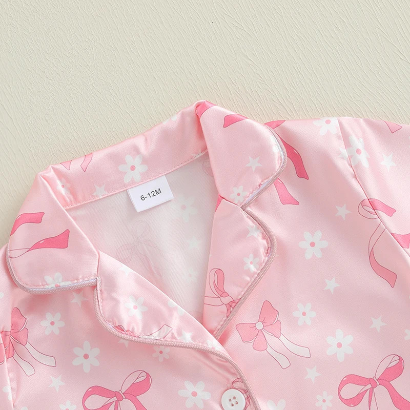 Toddler Girls Summer Pajamas Set Flower Bow Print Button-Down Lapel Short Sleeve Shirt and Shorts Lounge Wear 2 Pcs Sets 250312
