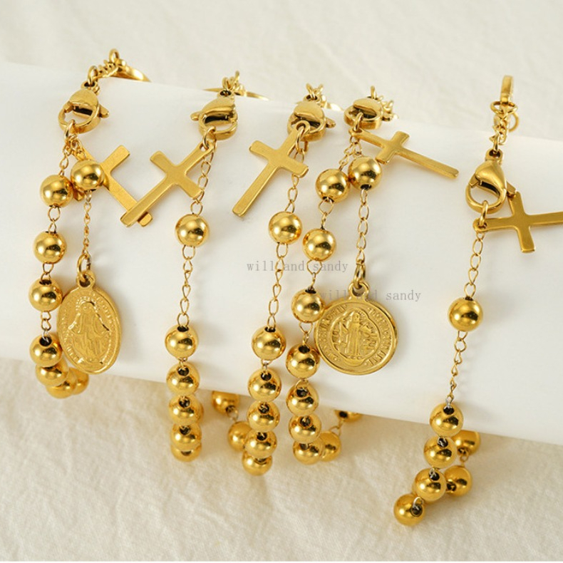 Catholic Rosary 18k Gold Religious Virgin Mary Religious Cross Charm Bracelet Non Tarnish Stainless Steel Bead Chain Bracelets Woman Fashion Jesus Fin