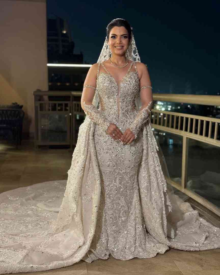 Fashion Mermaid Wedding Dress V Neck Removable Sleeves Bridal Gowns Sequins Crystal Appliques Detachable Train Dresses Custom Made vestidos de novia