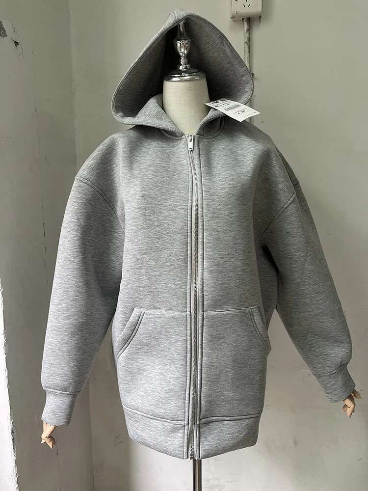 Autumn Winter Warm Gray Bomber With Hood Long Sleeve Big Pocket Zipper Jacket Women Casual Outerwear Coat Tops