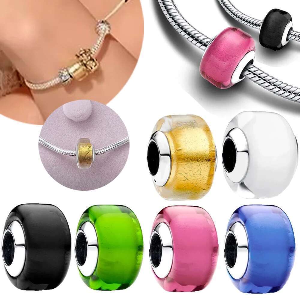 925 Sterling Silver Beads Golden Mini Murano Glass Charm Fit Women's Bracelet Diy Jewelry Making Gift