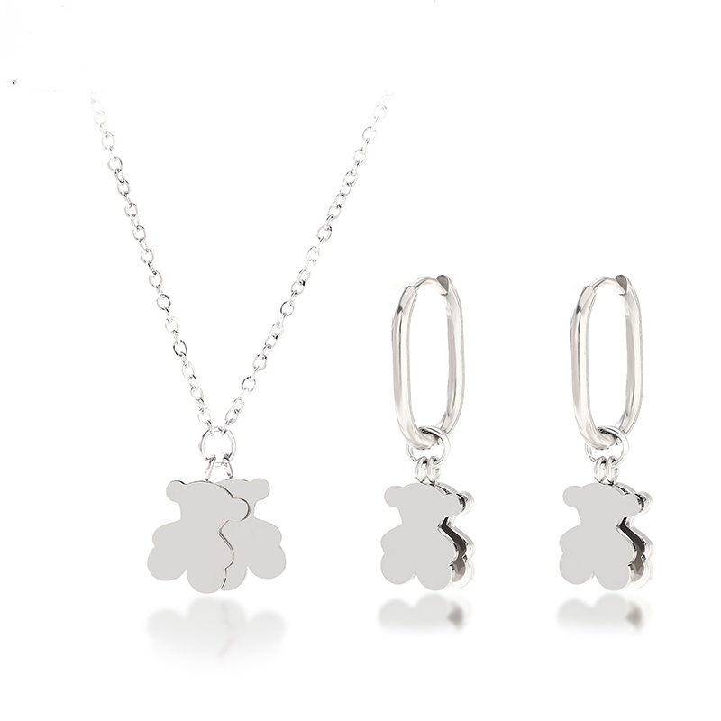 Fashion Women Men Silver Rose Gold Stainless Steel Double BearCartoon Animal Span Bracelet Chain Pendant Necklace Earrings Sets Jewelry