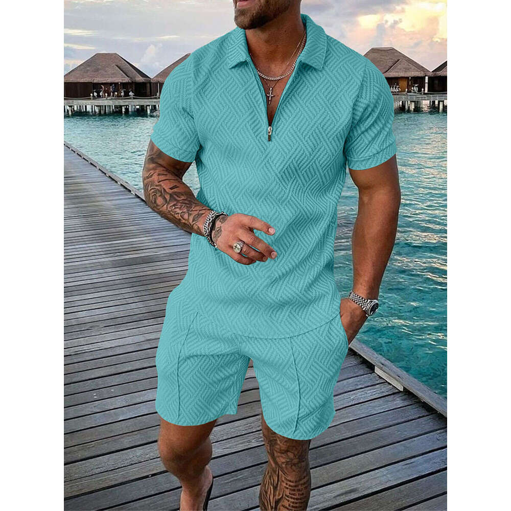 European and American men's source casual contrasting color POLO zipper lapel shirt short sleeved set 2025 temperament versatile new trend clothi