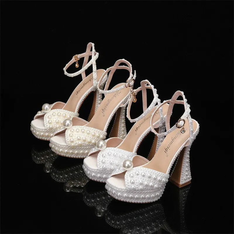 Summer Thick Heel High Heels Water Diamond Pearl Womens Single Shoes Bridal Wedding Shoes Banquet Party Sandals 250312