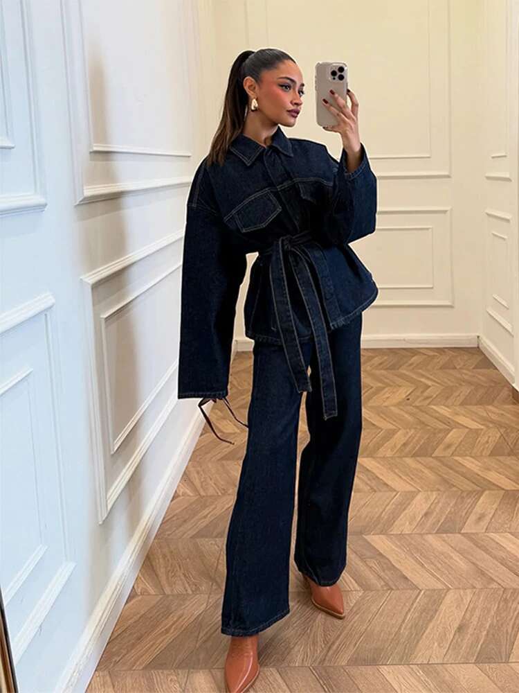 Street Jeans Suit Women Loose Lapel Long Sleeves Belt Denim Coats Sets Female 2025 Spring Fashion High Waist Solid Set Lady