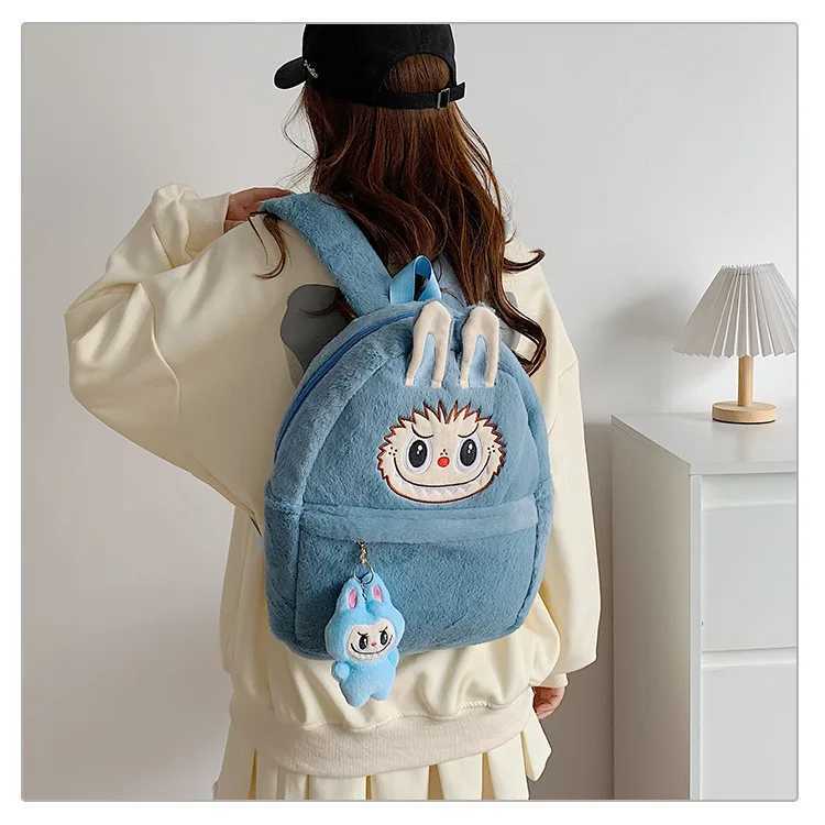 Cartoon Labubu Plush Backpack Kawaii Doll Color Large-Capacity Backpack Student Bag Girl Surprise Birthday GiftT250313