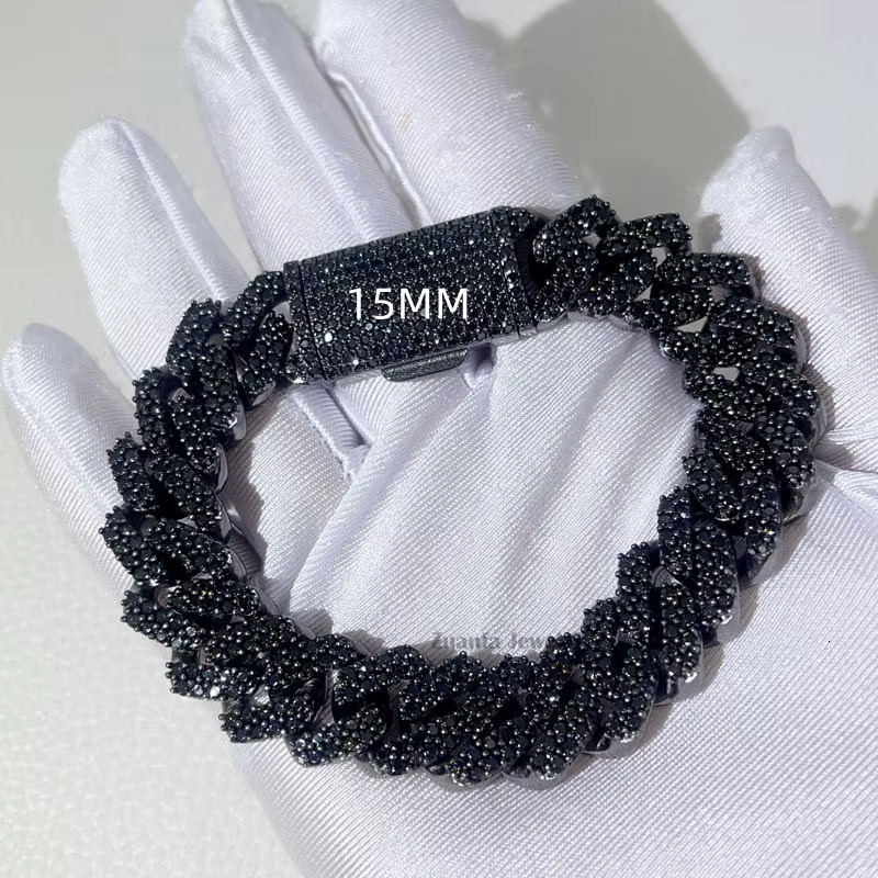 Rapper Jewelry Hip Hop Sterling Silver 8MM 10MM 13MM 15MM Black Moissanite Iced Out Cuban Bracelet