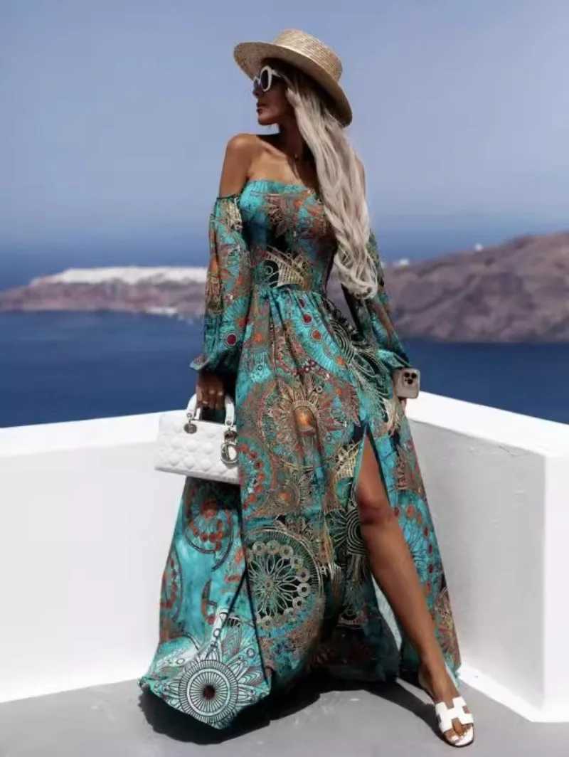 Urban Sexy Dresses Womens Fashion Dr Womens One Line Neck Long Slve Plaque Printed Long Dr Bohemian Style Ankle Split Long Dr Y240312LBH6