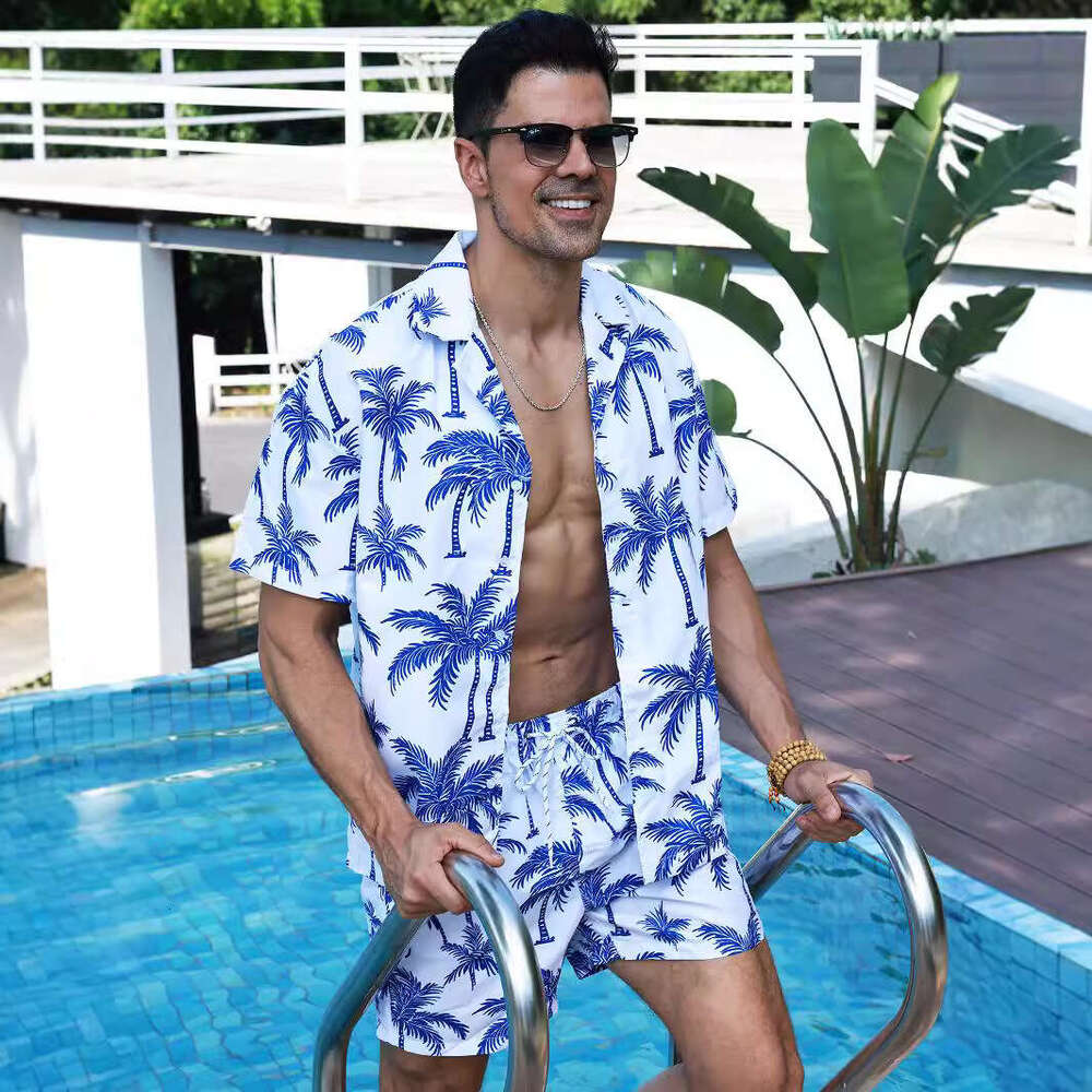 Hawaiian style shirt set for men summer vacation, casual short sleeved shorts, beach wer shirt, pamas, 2025 new style, chic and elegant clothing