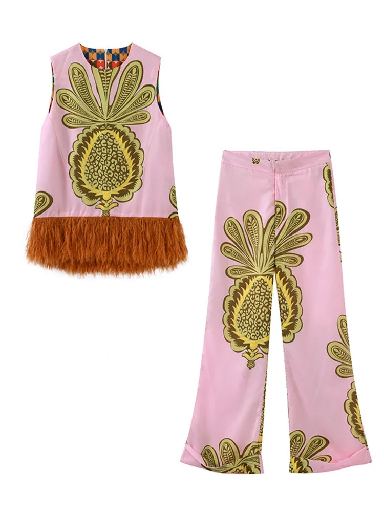 Feather Print Women Tanks Pants Sets Colorful Sleeveless O-neck Vest Top Straight Trousers Suits 2 Pieces Chic Street Outfits 250312