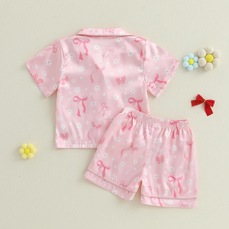 Toddler Girls Summer Pajamas Set Flower Bow Print Button-Down Lapel Short Sleeve Shirt and Shorts Lounge Wear 2 Pcs Sets 250312