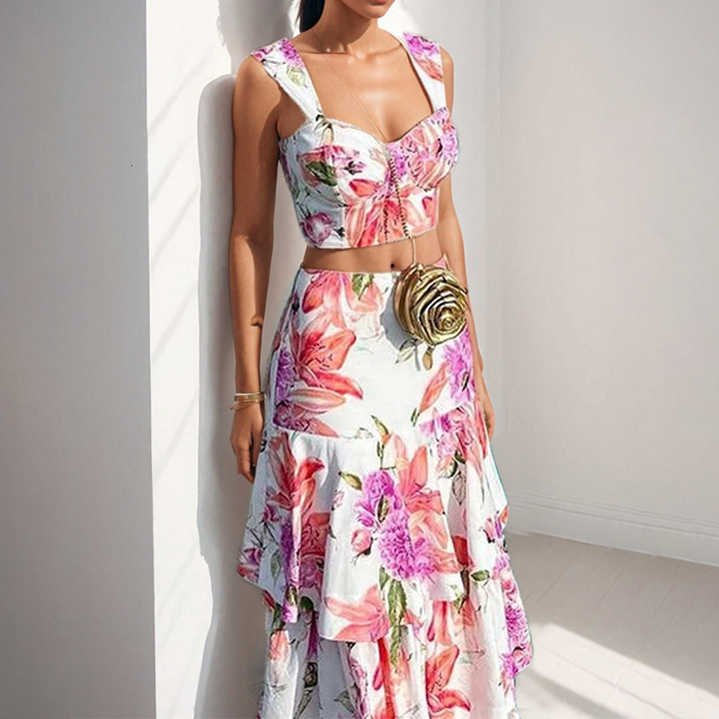 Women's Suit 2024 New Fashion Vacation Casual Printed Vest Skirt Two-Piece Set