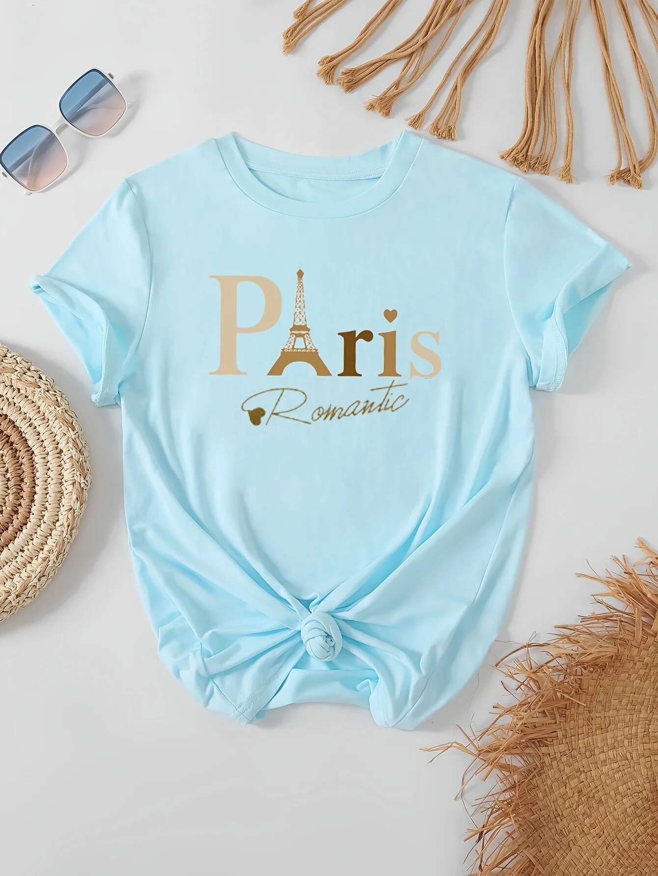 Women's Casual Short Sleeve T-Shirt P Romantic Print - Crew Neck Polyester Knit Fabric Tee With