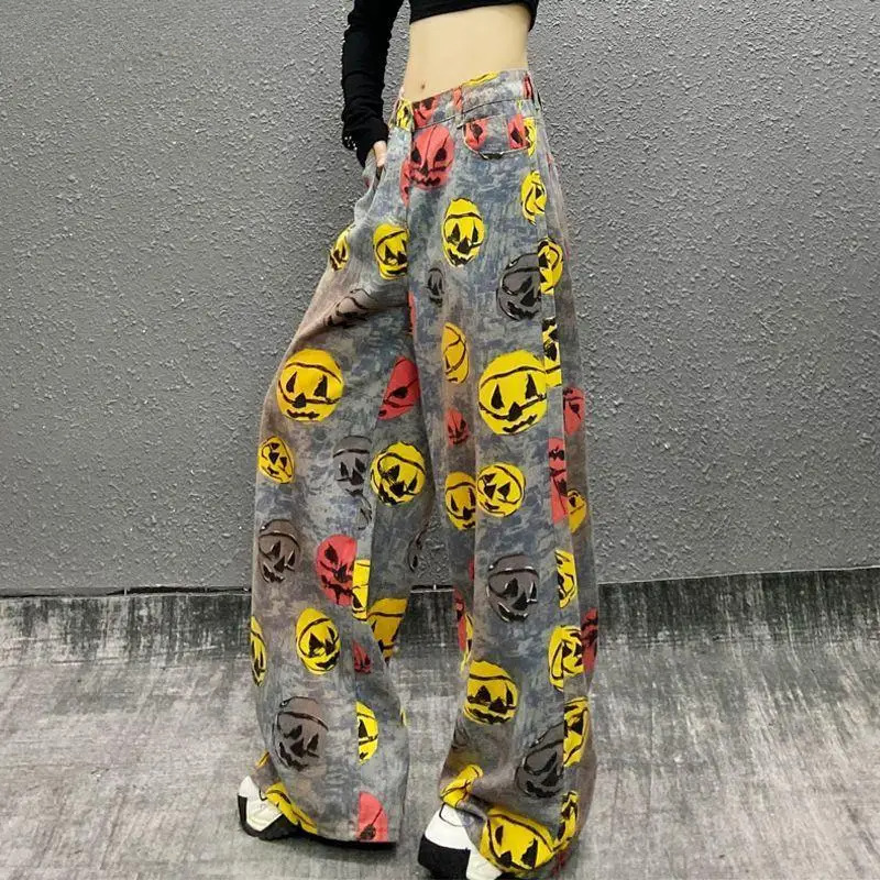 Spring And Summer Colorful Prints Tie-Dyed Washed Jeans Women's New High-Waisted Loose Versatile Straight Wide-Leg Pants
