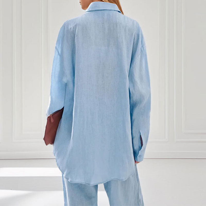 Women's Clothing 2025 Spring New Style Casual Temperament Solid Color Simple Sleeved Shirt Long Pants Two-Piece Fashionable Set