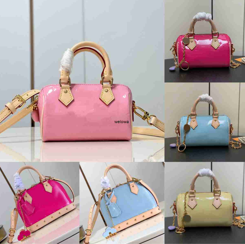 2025 top new women bag pink cowhide patent leather handbag crossbody pillow designer