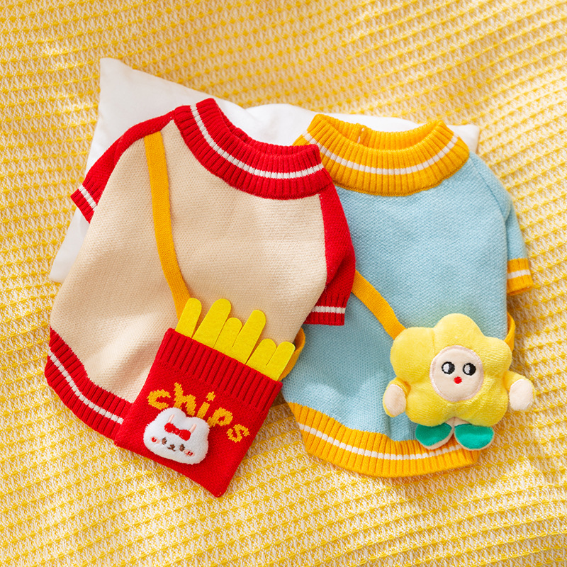 Autumn-Winter Dog Clothes with Teddy Design Warm Knit Pet Outfit Including Shoulder Bags
