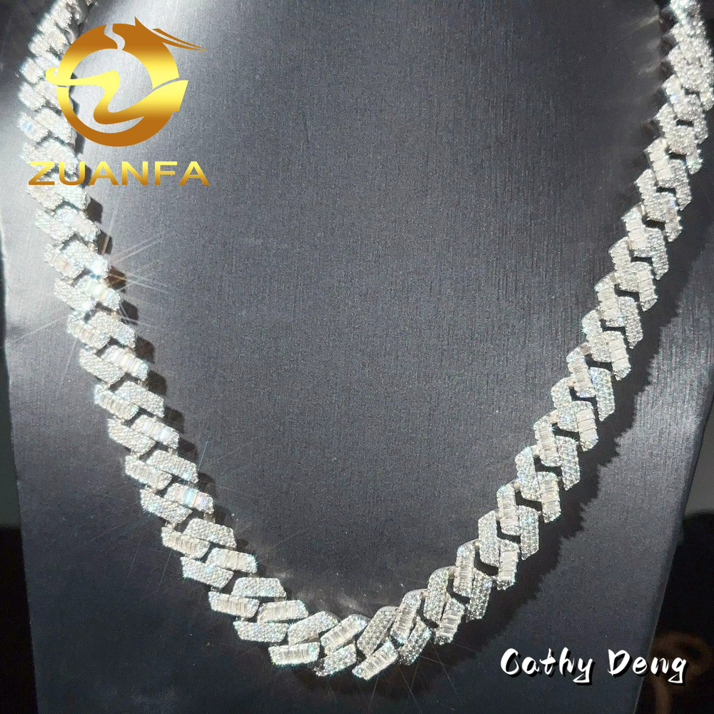 Mix Cut Design3 Row 15MM Solid 925 Silver Cuban Link Moissanite GRA Certified Hip Hop Moissanite Chain Necklace