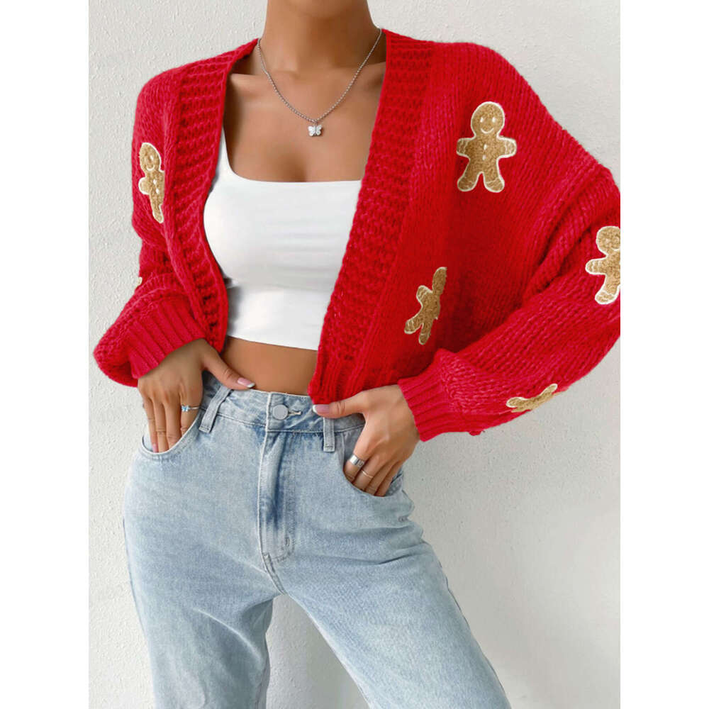 Manufacturer Biscuit Man Pattern Women's Knitted Sweater Short cardigan Spring and Autumn 2025 New Casual Versatile Fashion Clothing