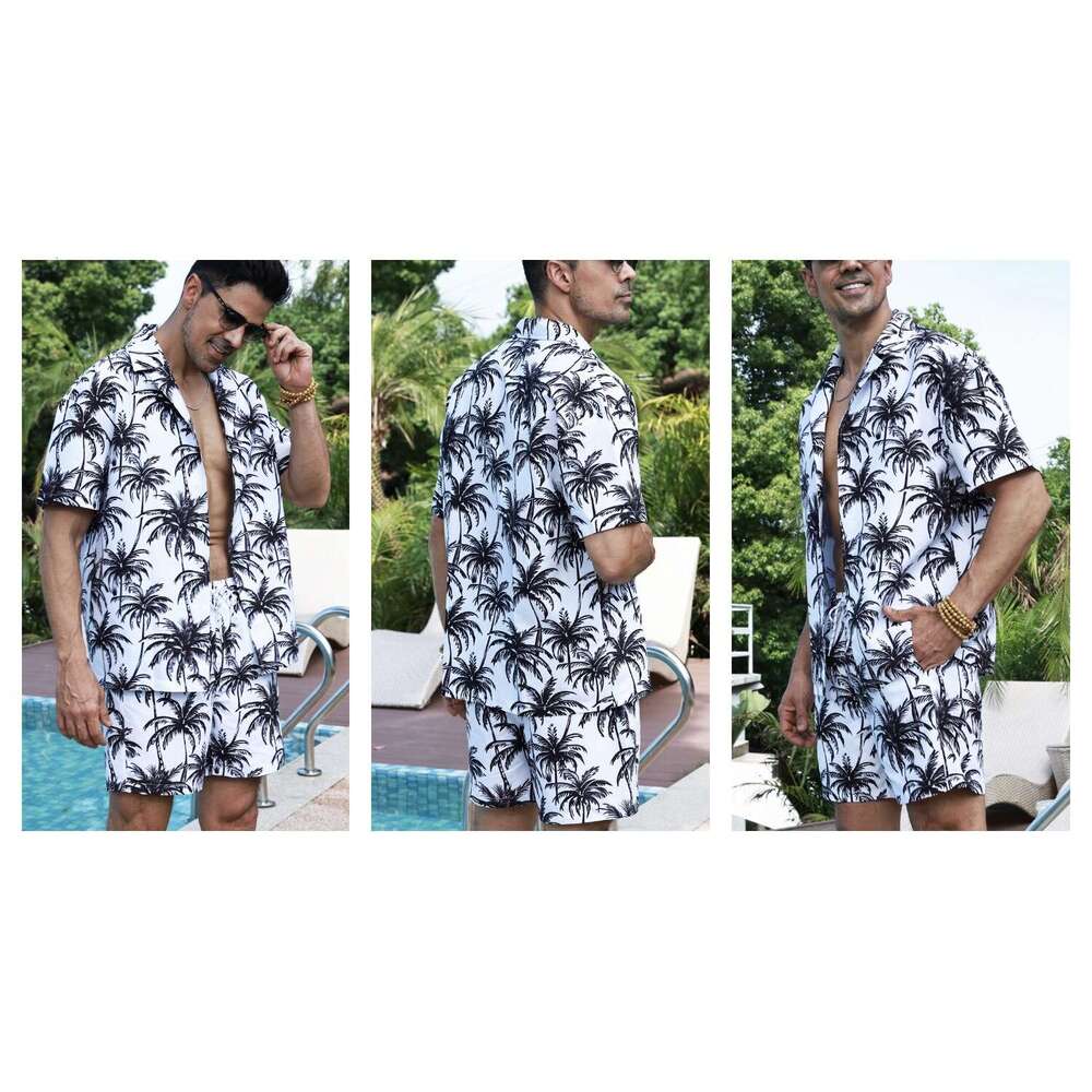 Hawaiian style shirt set for men summer vacation, casual short sleeved shorts, beach wer shirt, pamas, 2025 new style, chic and elegant clothing